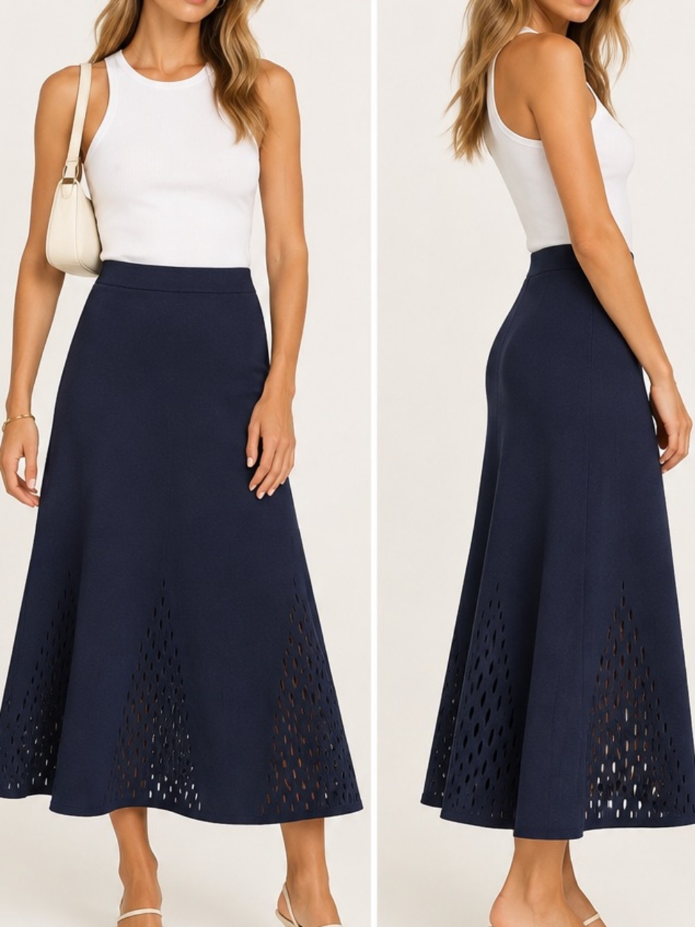 Sandro Paris Navy Knit A-Line Midi Skirt Size 2 Laser Cut Hem